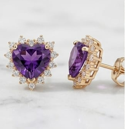 4ct Heart Simulated Purple Amethyst/Diamond Halo Stud Earring Rose Gold Plated