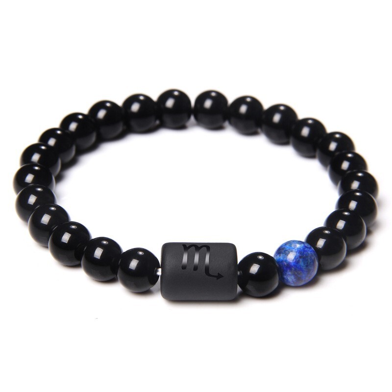 Zodiac Sign Natural Black Stone Beaded Elastic Stylish Bracelet Astrological
