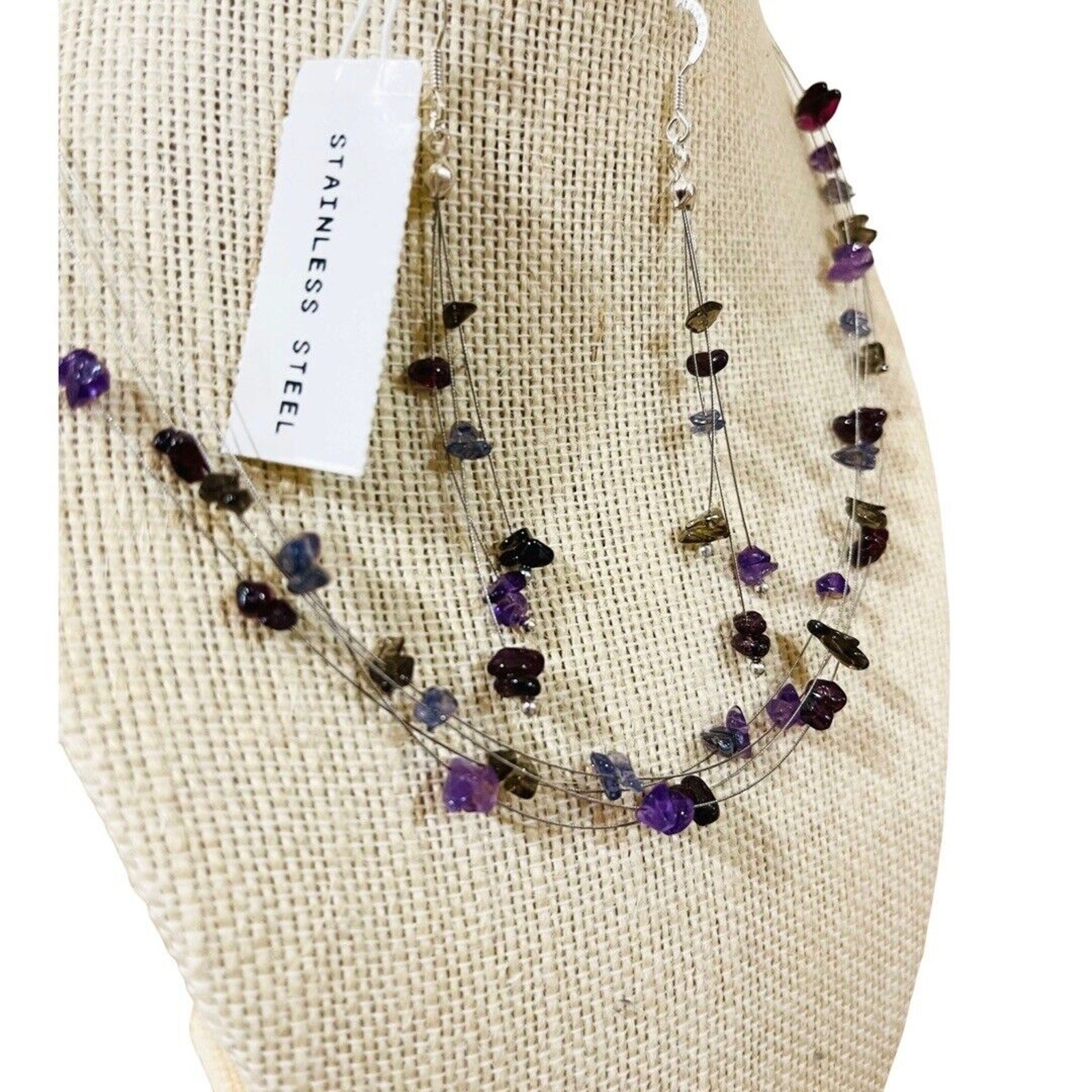 Gemstone Chip Necklace and Dangle Earrings 4-Strand Necklace Purple Shades