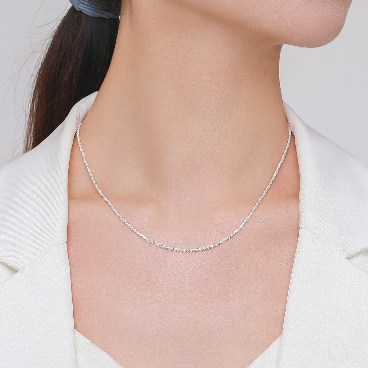 S925 Sterling Silver Sparkle Glitter Water Wave Chain Necklace Minimalist Gift