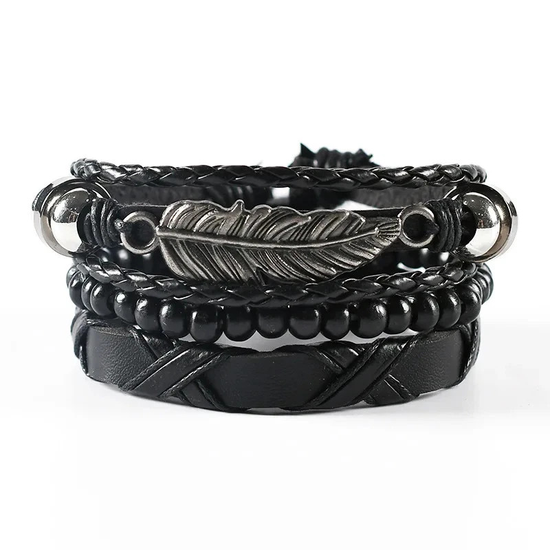4Pcs/ Set Braided Wrap Leather Bracelets for Men Vintage Life Tree Rudder Charm