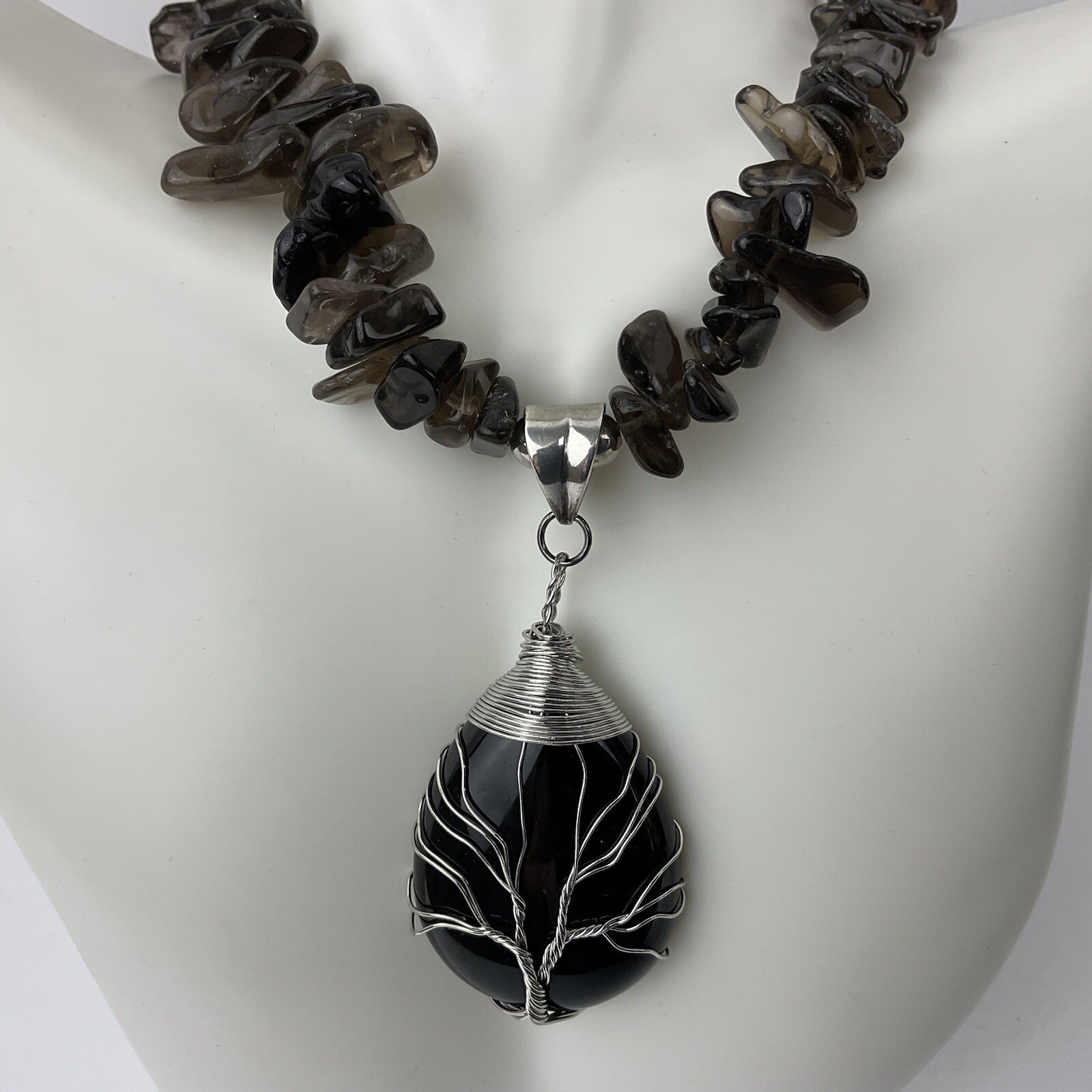 Artisan Obsidian Tree of Life Sterling Wrapped Pendant Smokey Quartz Necklace