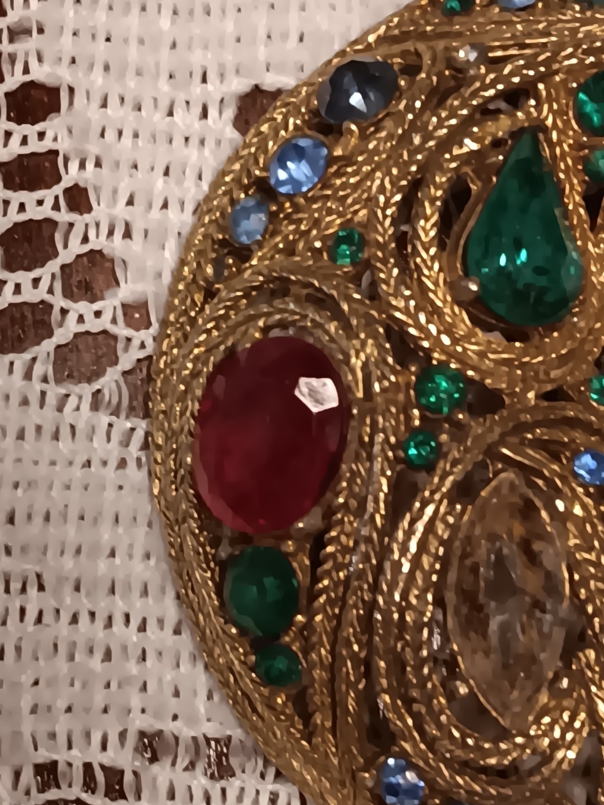 Gold Tone Crescent Moon Brooch Pin Multicolor Rhinestones Celestial Prong Set