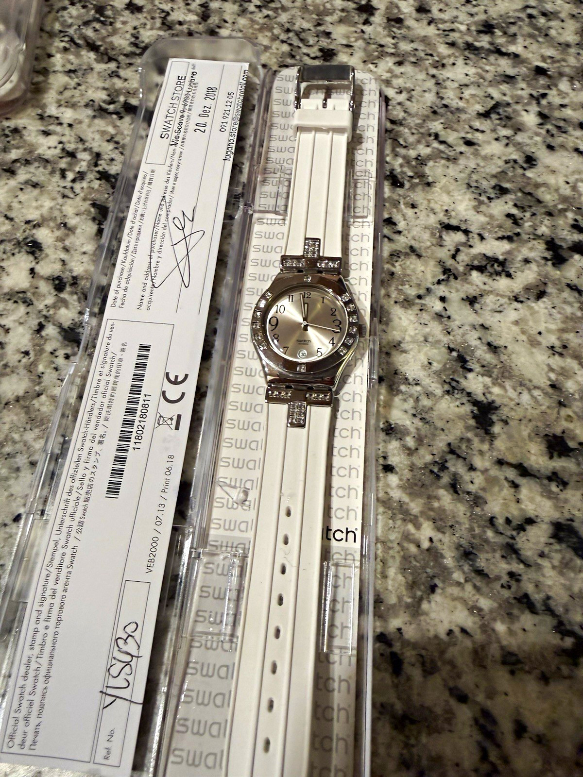 Swatch Irony Women’s Swiss Quartz Date Watch Silver Dial White Rubber Strap Box