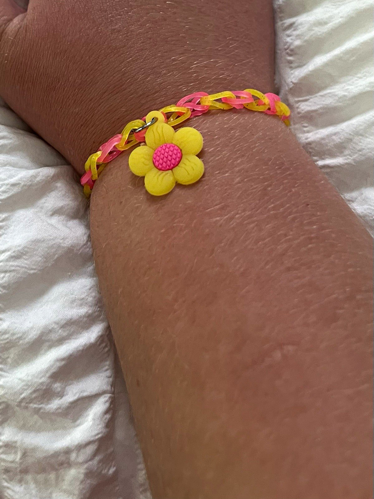 Unisex Kids Pink & Yellow Rubber Braided Charm Bracelet, Flower Dangle