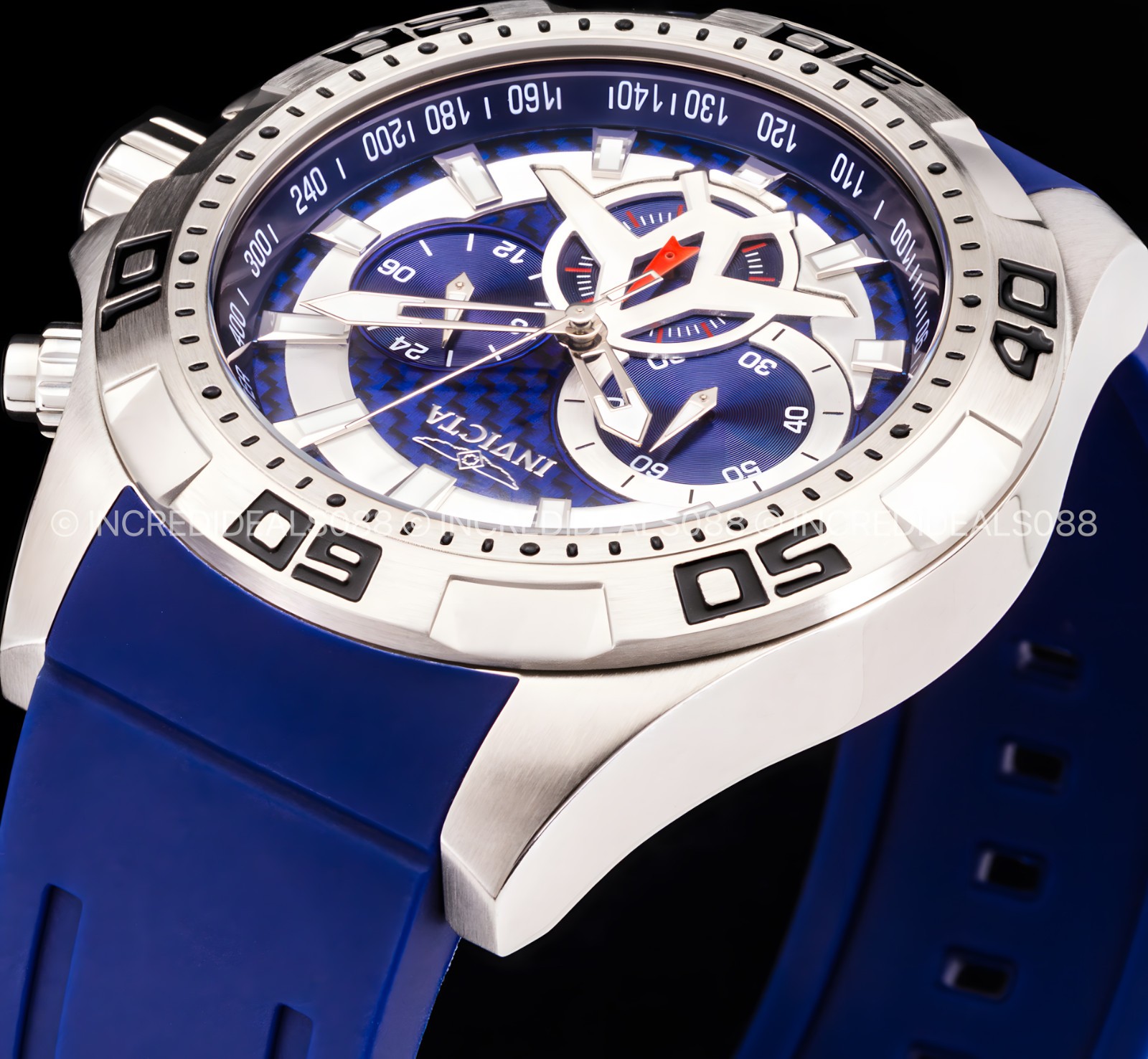 Invicta Mens AVIATOR Multi Function Blue Glass Fiber Dial Blue Strap SS Watch