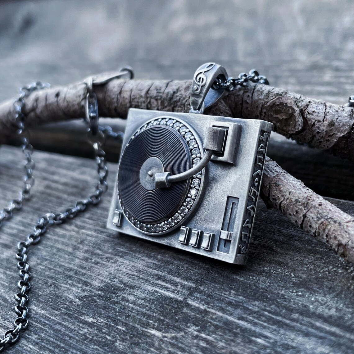Record Player Oxidized Necklace 925 Sterling Silver Pendant Necklace Duty Free