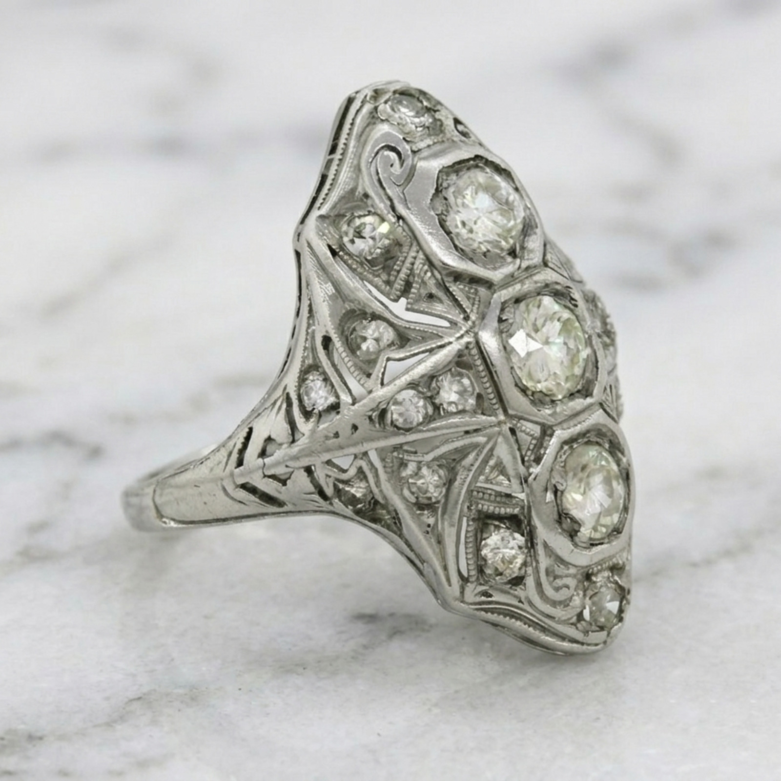 Old European Cut Lab Created Diamond 14K Gold Art Deco Three Stone Dinner Ring