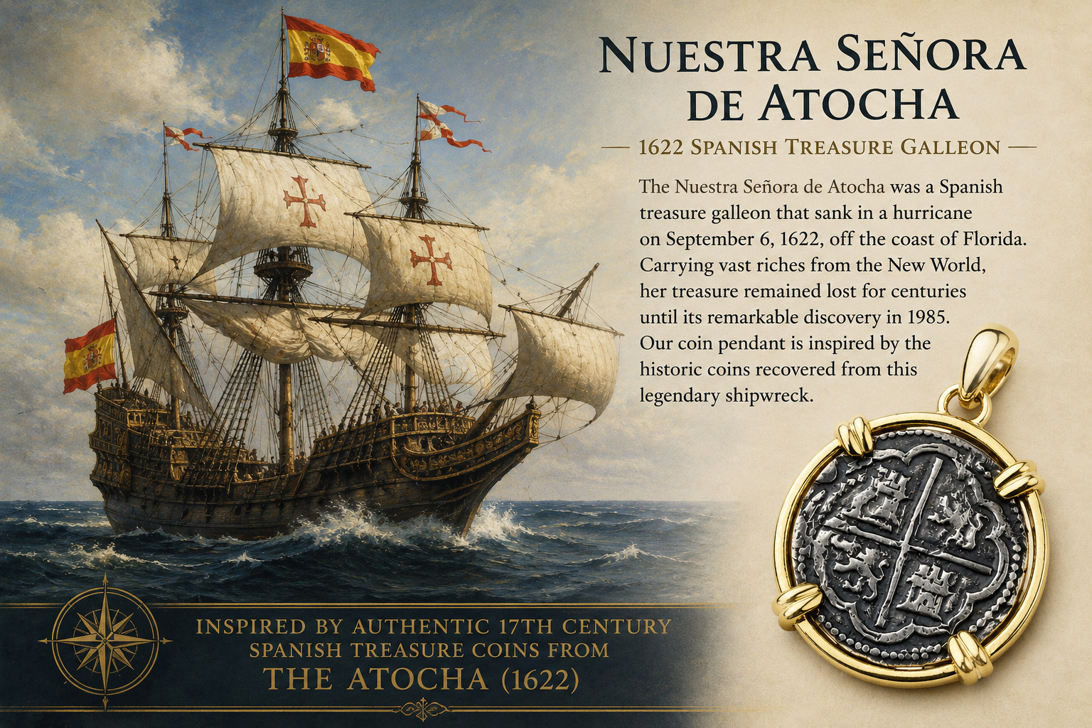 Atocha Style Shipwreck Coin Pendant 33 Carats 925 Sterling Silver