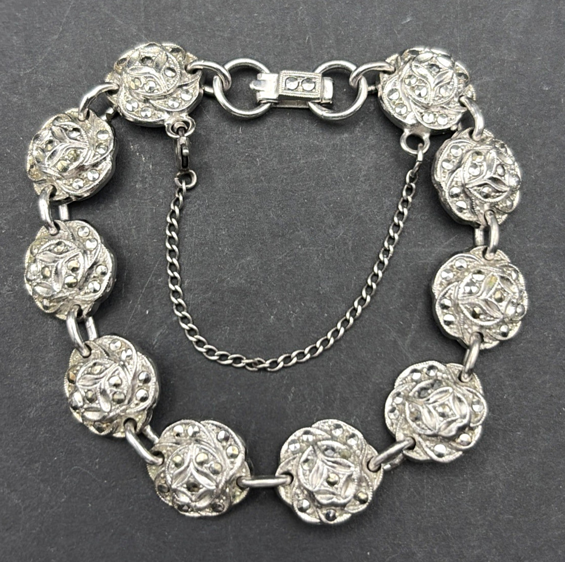 Sterling Silver 925 Rosette Link Bracelet with Safety Catch 16.1g