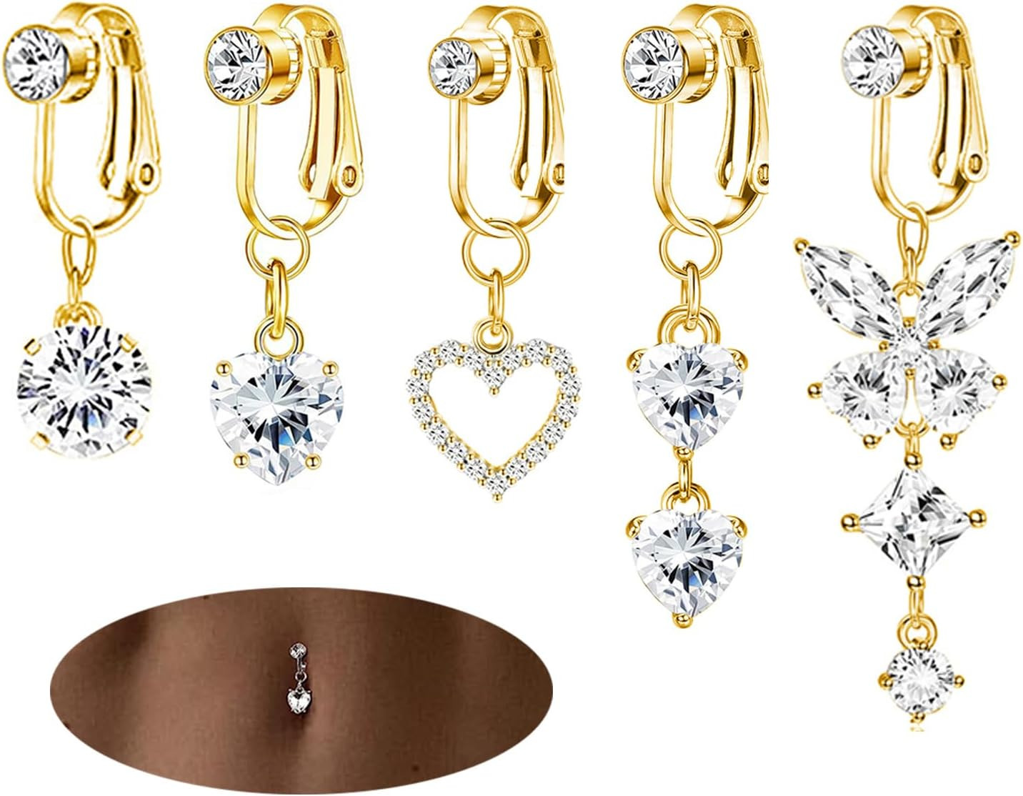 5Pcs Fake Belly Ring Clip on Surgical Steel Faux Dangle Button Gold/Silver
