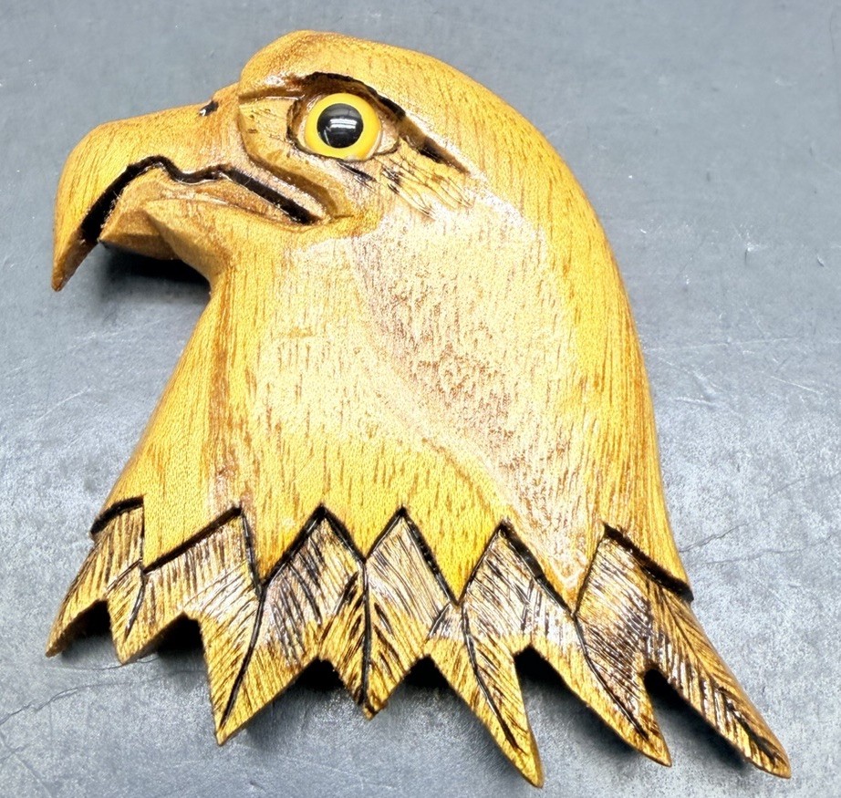 Carved Eagle Head Brooch Pin Signed Very Neat Looking