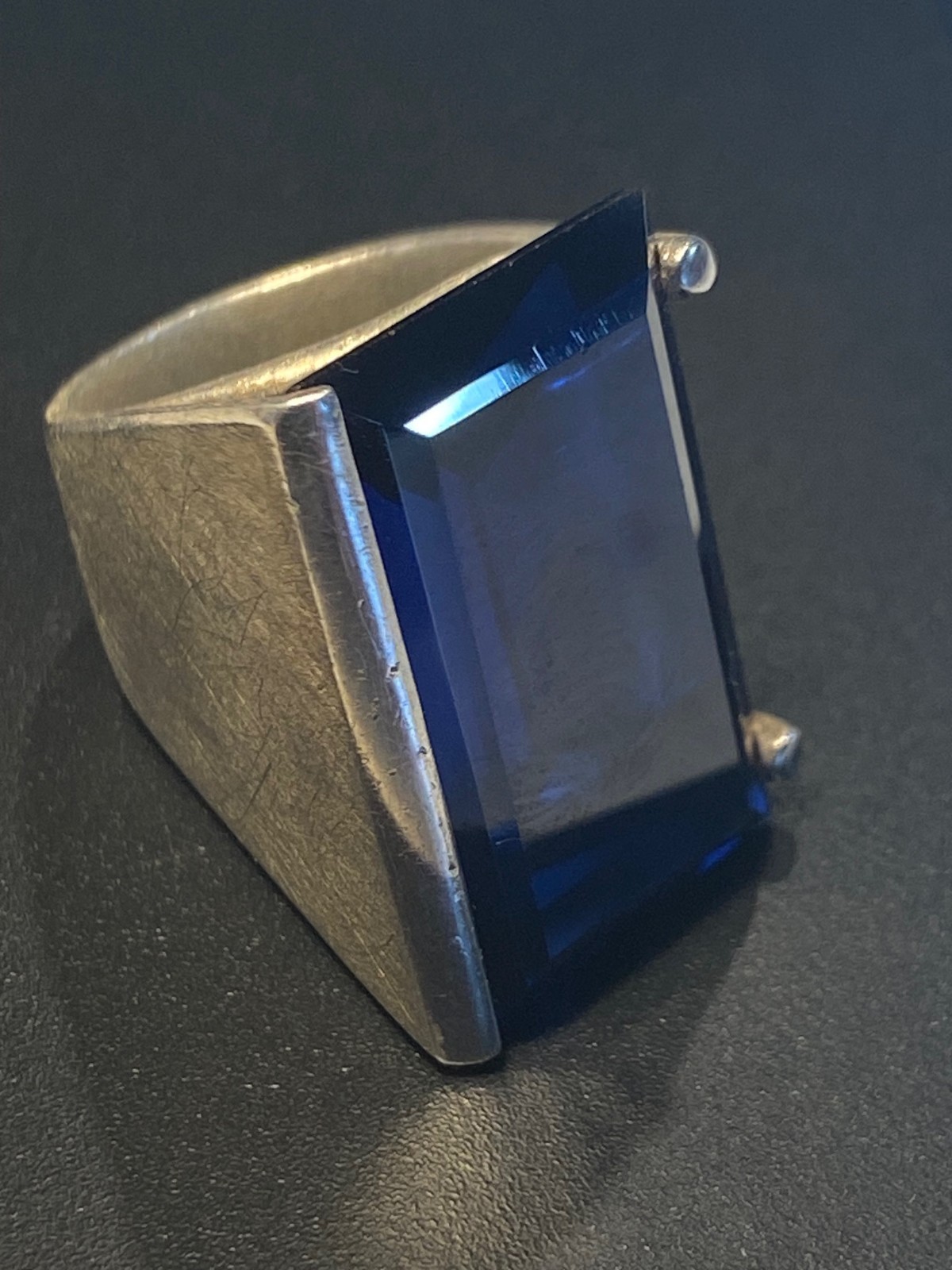 Cobalt Blue lab-created Spinel Ring 925 Silver Emerald Cut ~33.5 ctw Sz ~7.75