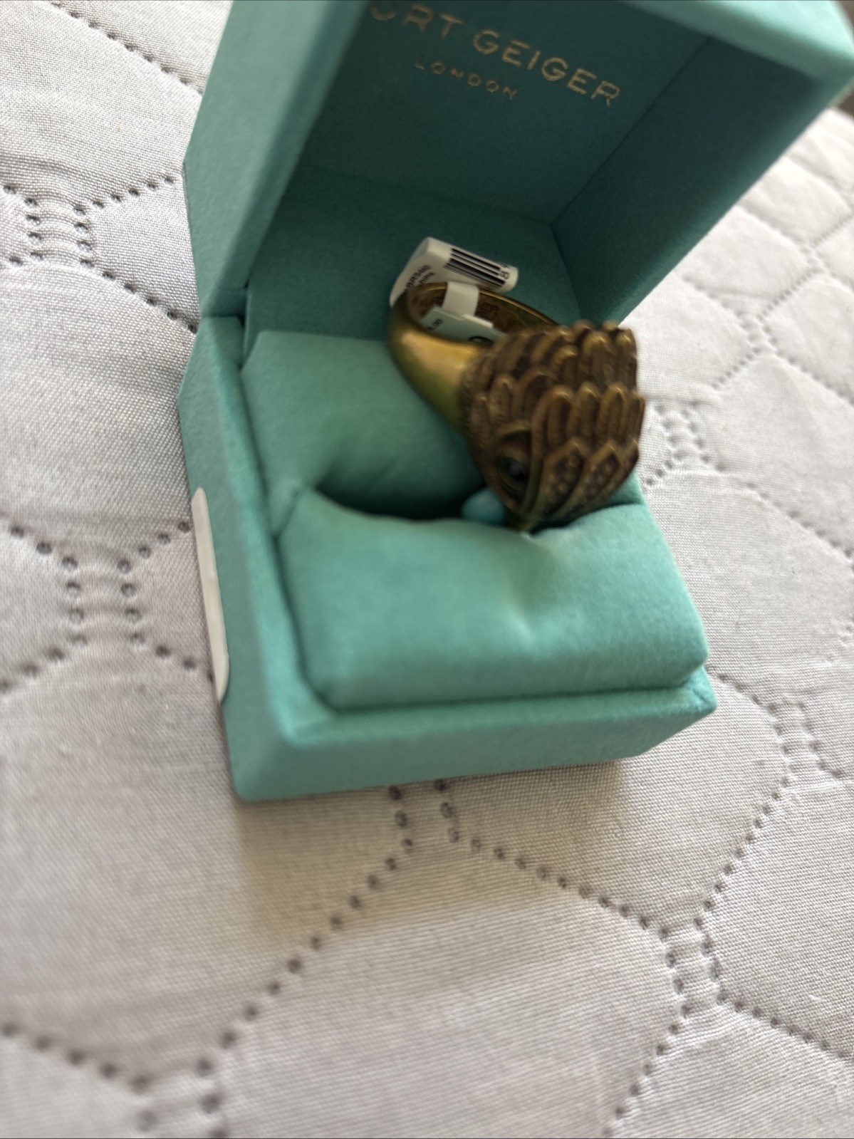 KURT GEIGER LONDON ANTIQUED GOLD TONE EAGLE HEAD RING TURQUOISE 9 New In Box