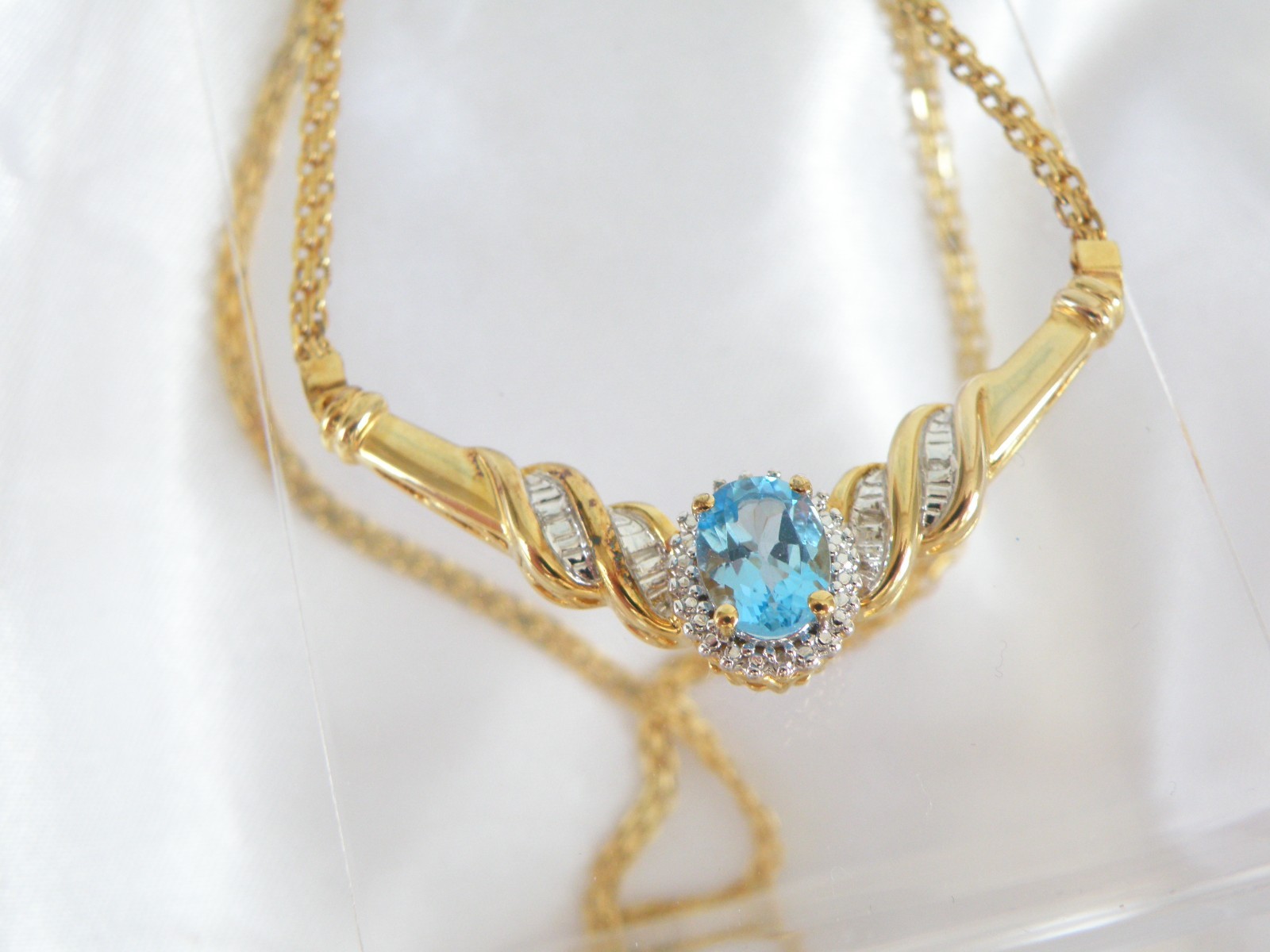 14K Gold on Sterling Silver 925 Natural Heated Blue Topaz Diamond Necklace 18″