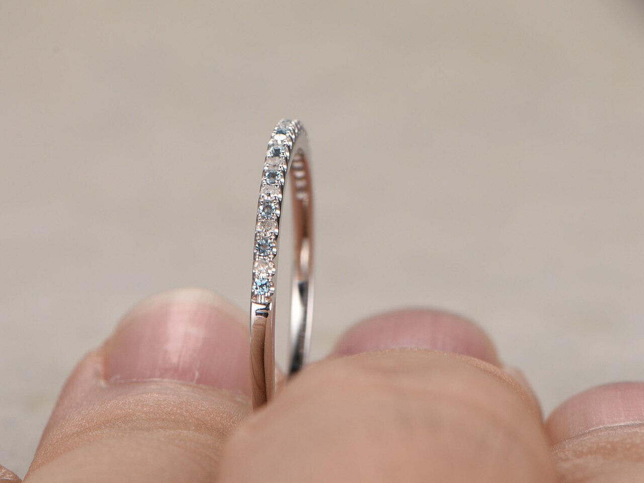 0.7ct Lab-Created Blue Aquamarine Wedding Band Half Eternity White Gold Plated