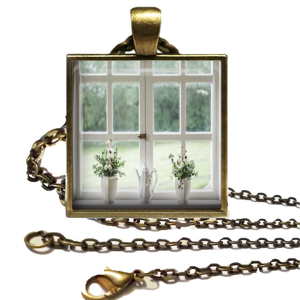 Looking Out Window Glass Top Necklace on Chain Handcrafted Gifts Spring Flowers
