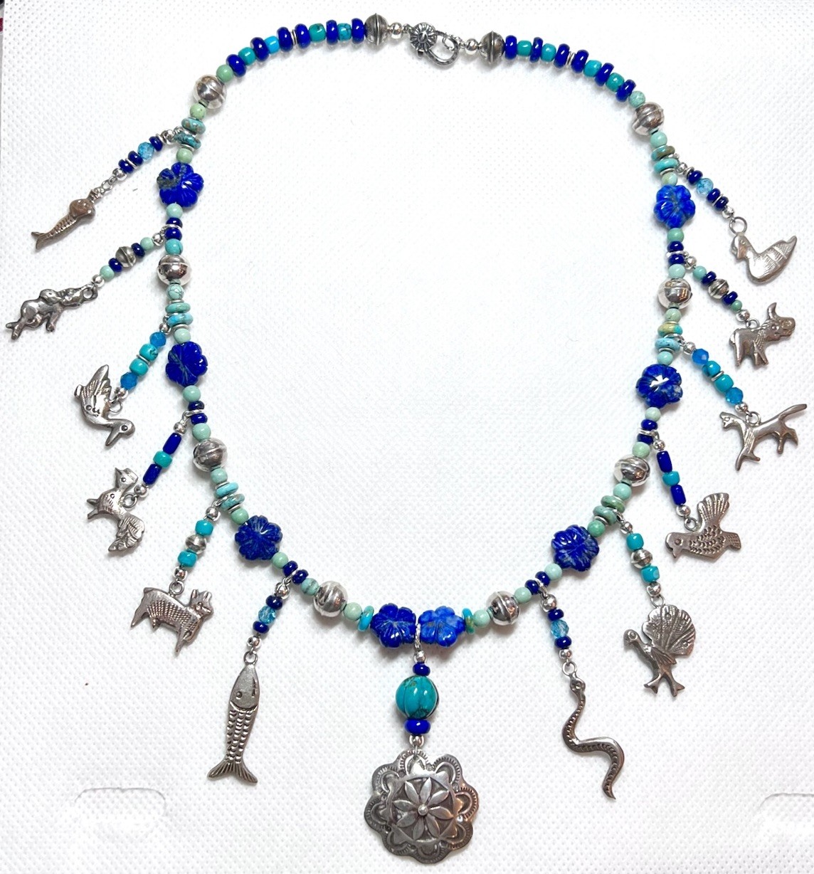 LOVELY Southwest Artisan Sterling Silver Turquoise, Lapis Milagro Charm Necklace