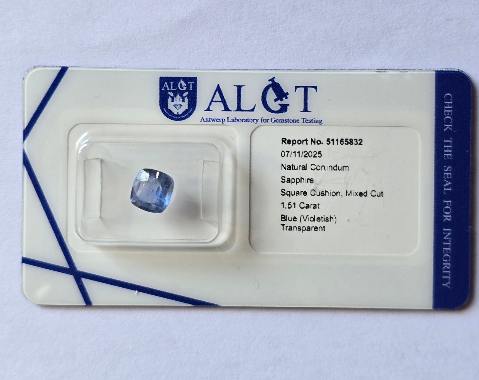 Natural Burma No Heat Blue Sapphire 1.51ct Cushion Cut ALGT Certified