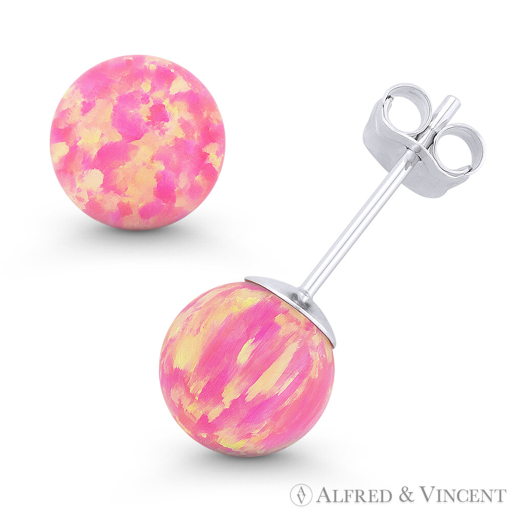 Fiery Royal-Pink Synthetic Opal Ball Pushback Stud Earrings in 14k White Gold