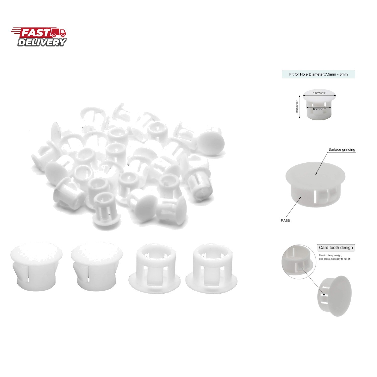30PCS 8mm 5/16″ White Plastic Flush Type Hole Plugs, Snap in Locking Hole Tub…