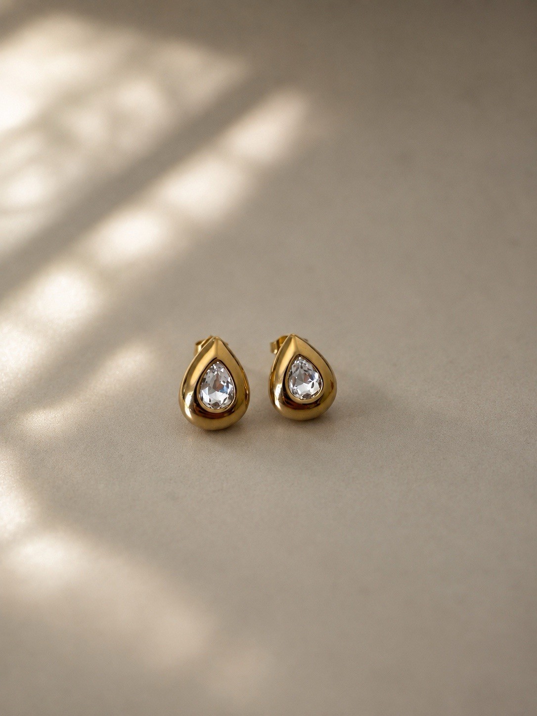 18K Gold PVD Clear Stone Teardrop Stud Earrings 316L Stainless Steel