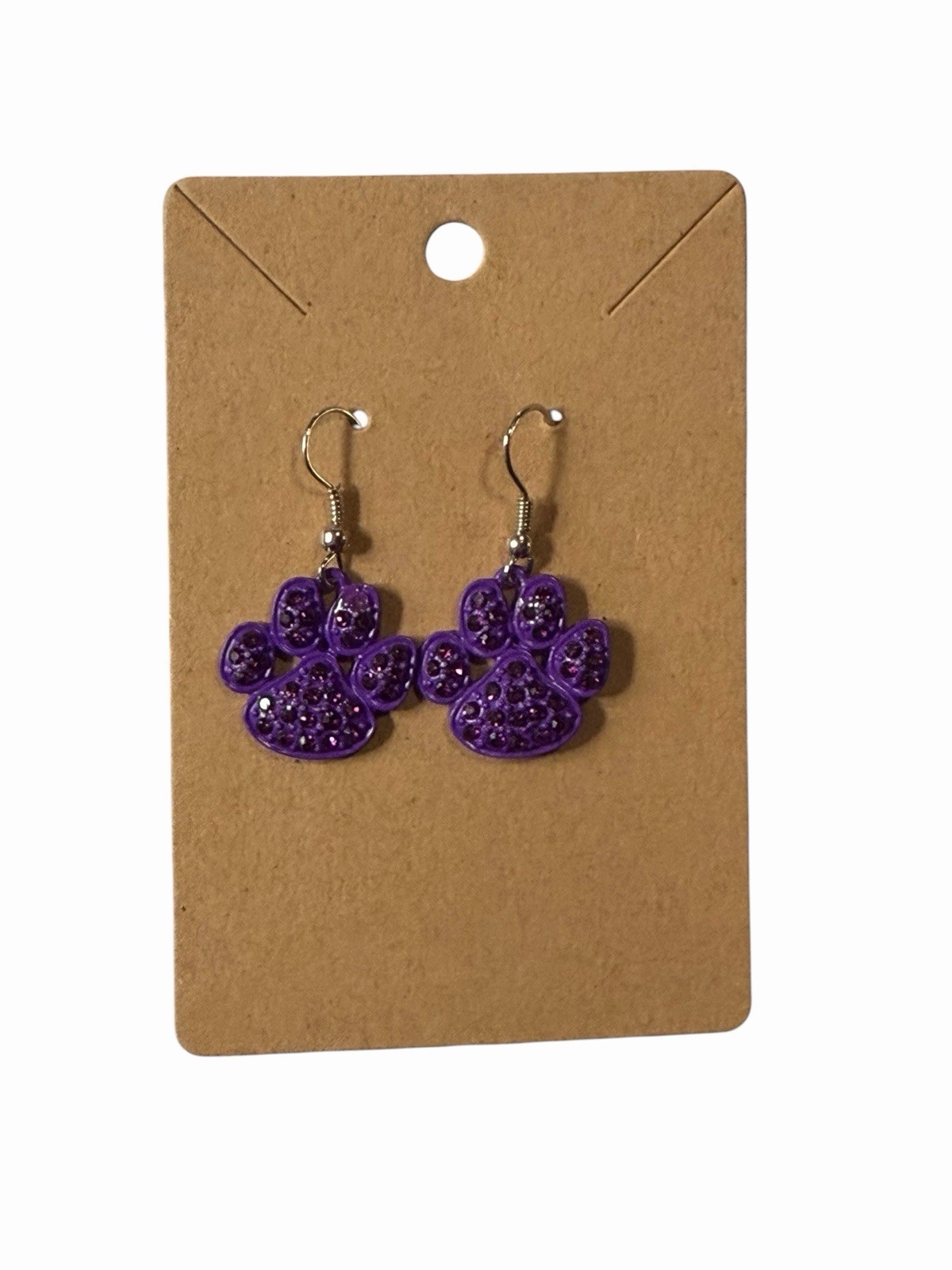 Purple Paw Print Rhinestone Dangle Earrings Glitter Animal Mascot Drop Jewelry