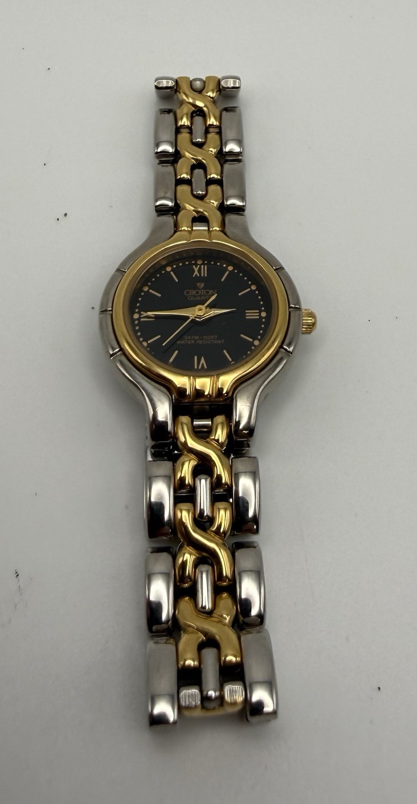 Womens Croton Quartz Vintage Two-Tone SS Bracelet Black Dial Quartz 27mm 30m