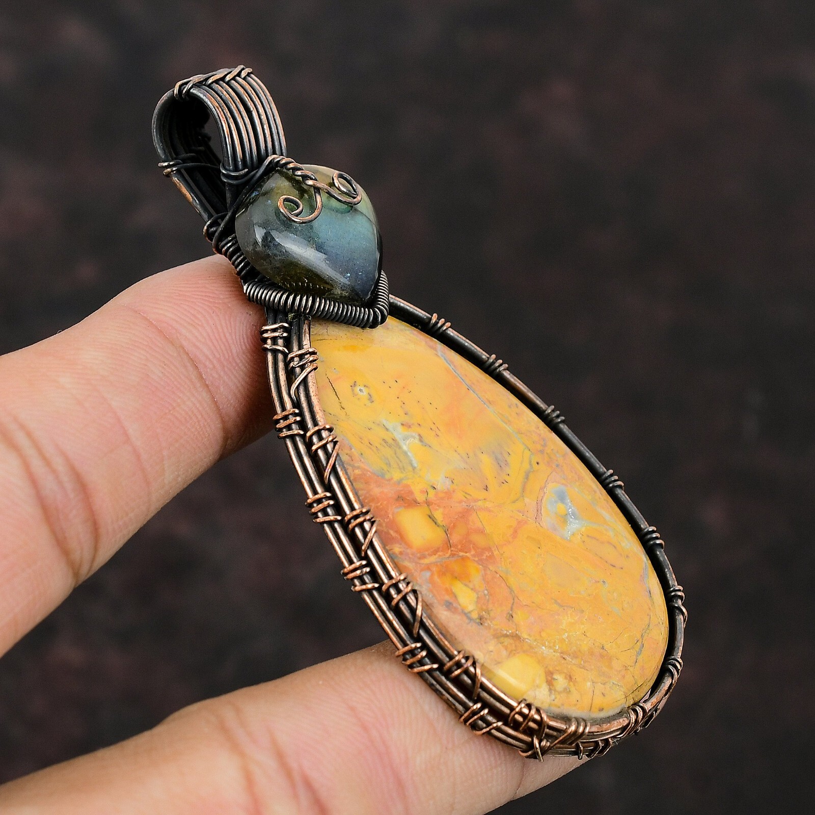Gift For Her Copper Maligano Jasper Gemstone Jewelry Wire Wrapped Pendant 3.07″