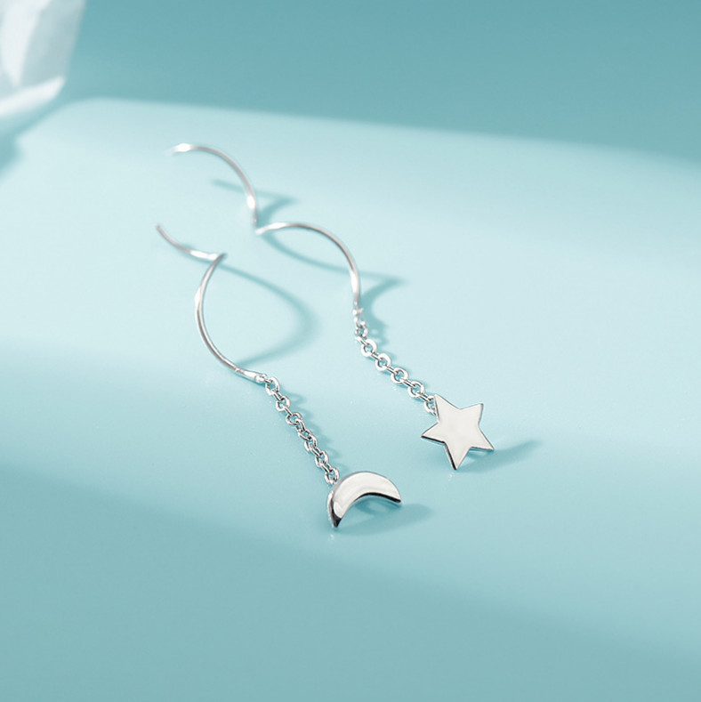 925 Sterling Silver Star Moon Crescent Dangle Drop Threader Stud Earrings I64