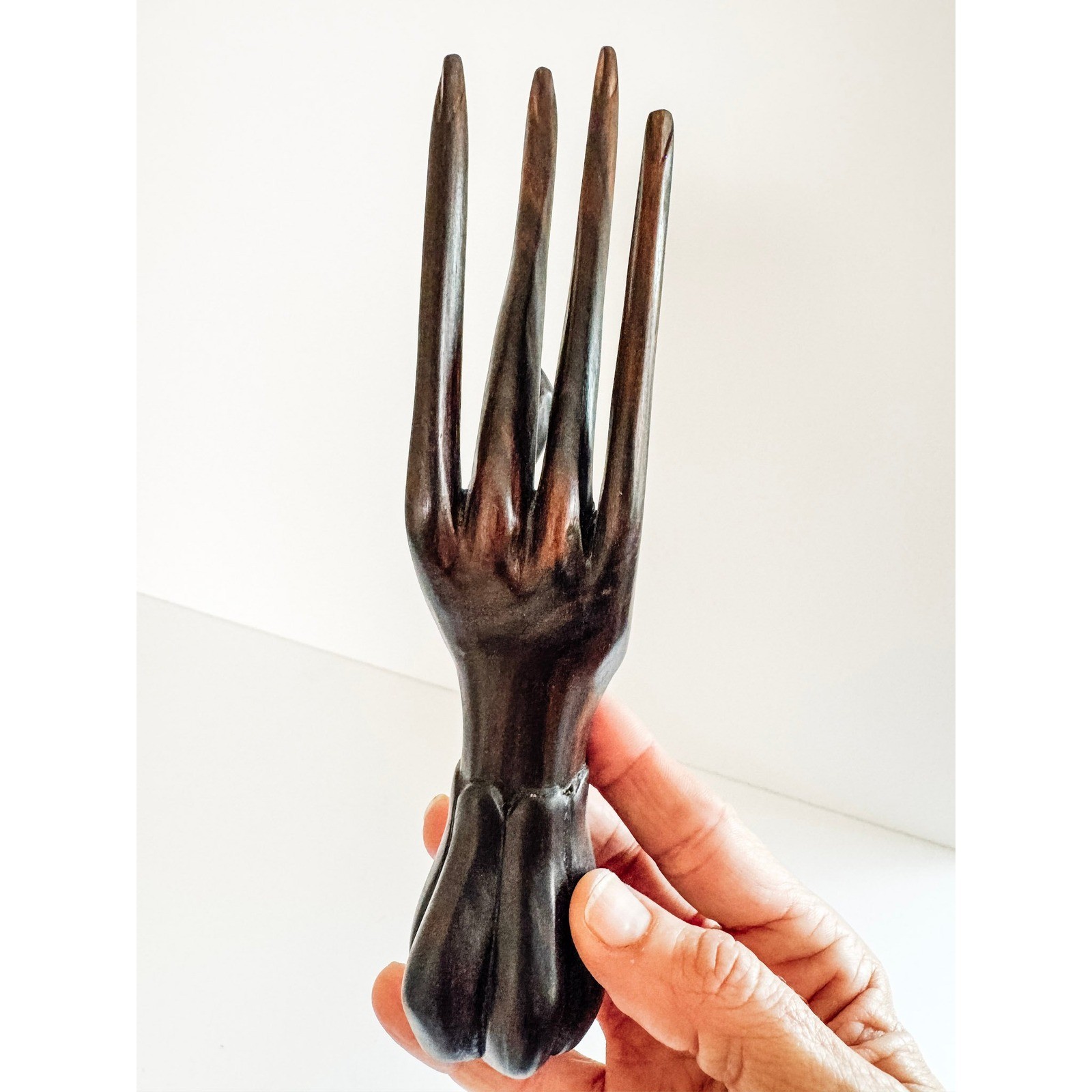 Vintage Hand Carved Wood Jewelry Display Stand Ring Holder Dark Brown 8 Inch