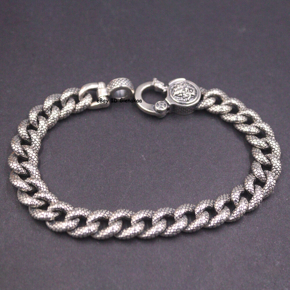Solid 925 Sterling Silver Chain 9mm Dragon Scale Curb Link Bracelet 34-35g 7.9in
