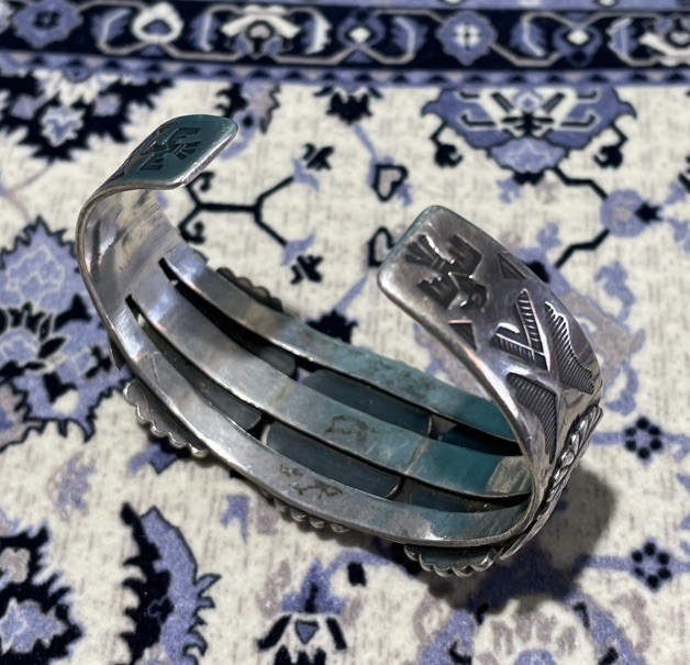 Vintage Navajo Fred Harvey Era 3 Stone Turquoise Cuff Bracelet Stamp Work