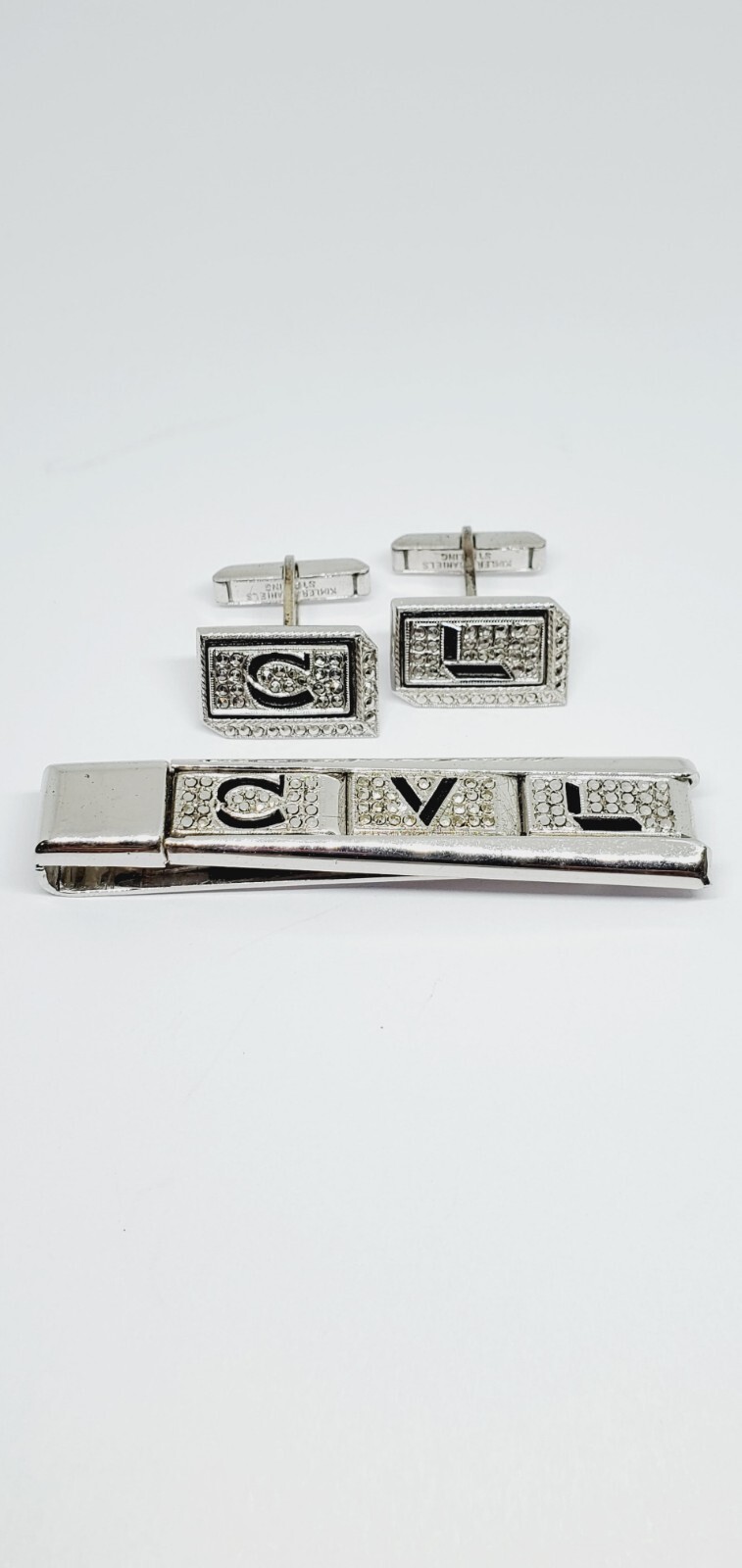 Vintage Sterling Silver KIMLER & DANIELS Marcasite Cufflinks & Tie Bar Clip (51)