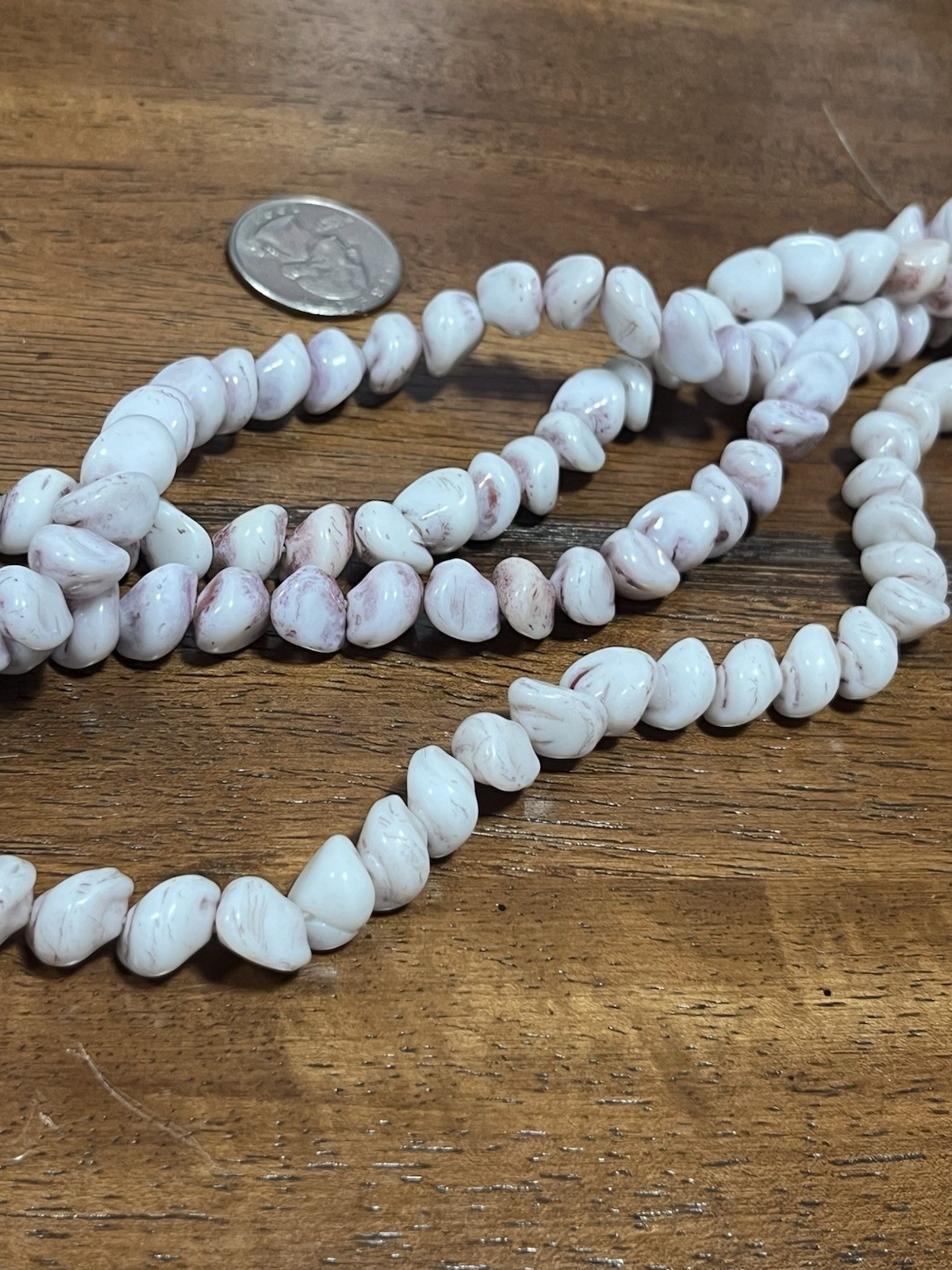 Vintage White Pink Art glass Molded Glass beads 1940s Era 14in Strand