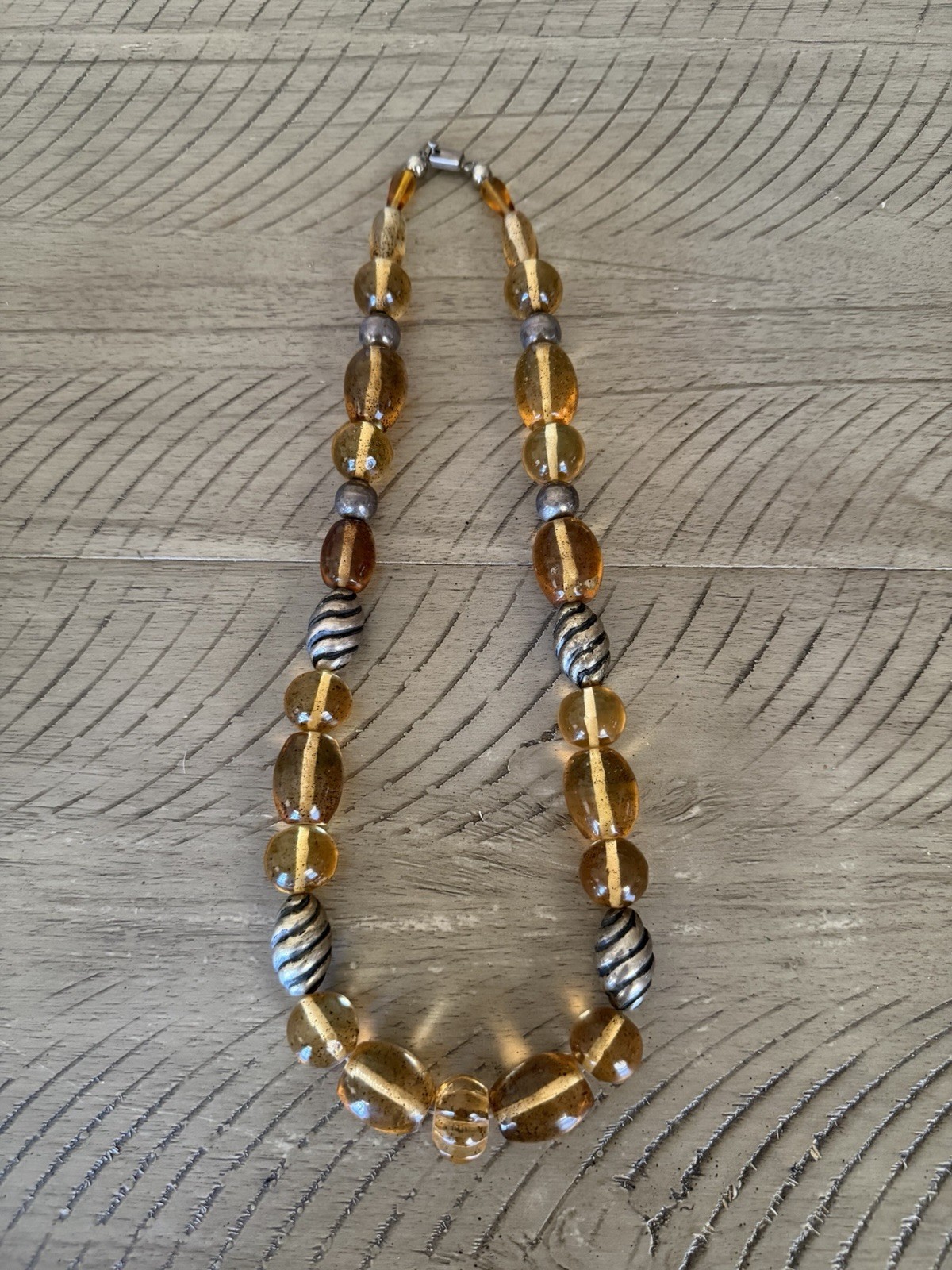 Taxco Sterling Silver 925 Amber Colored Art Glass Lrg Necklace 14.5” 177g Rare