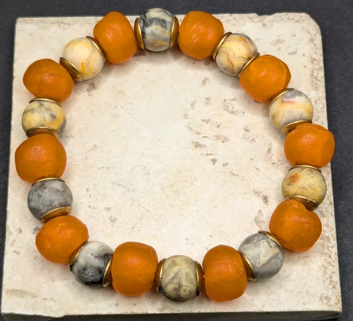 Chunky Orange glass, natural stone beaded stretch Bracelet (16cm) small wrist