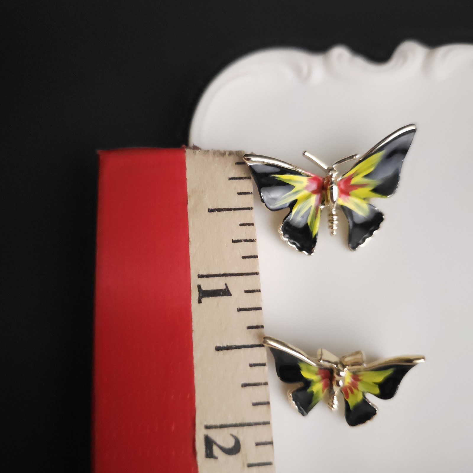 Vintage Black Yellow Red Enamel Butterfly Scatter Pins Brooch Set 2 Whimsy Fairy