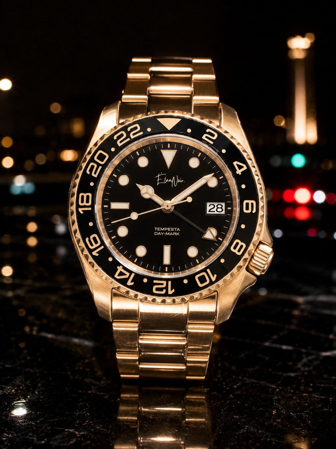 Custom Élan Noir Tempesta Automatic GMT Watch 41mm Steel Gold/Black NH35