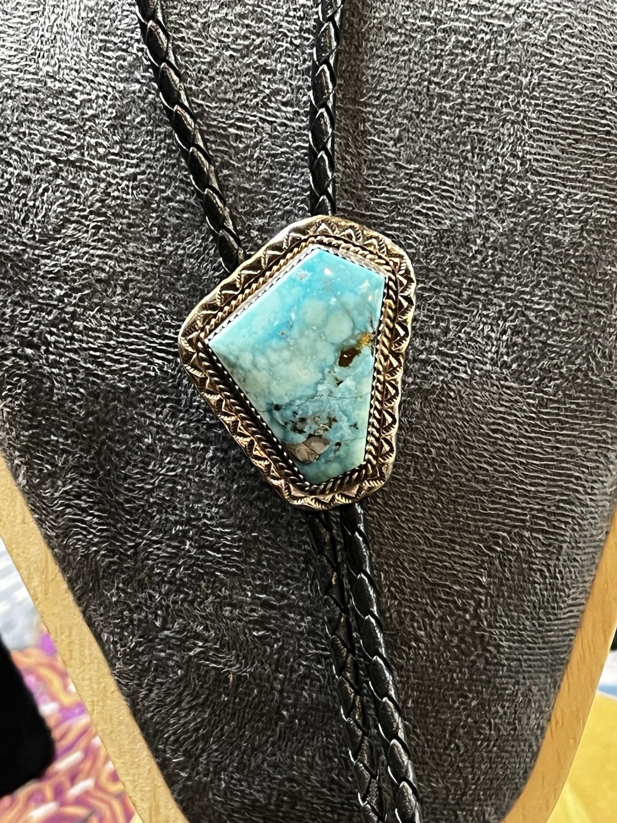Vintage Southwestern Turquoise Bolo Tie Sterling Tips 32in Braided Leather