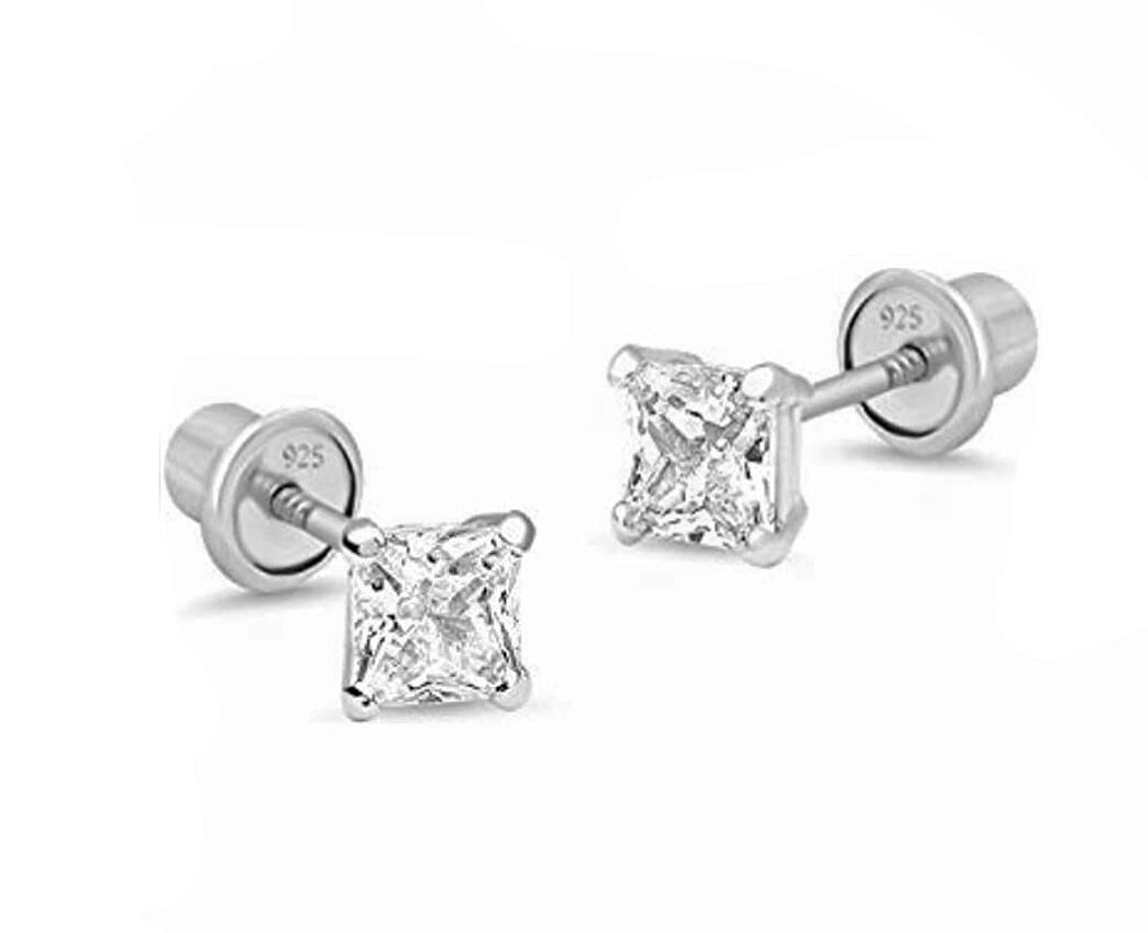 925 Sterling Silver Square 3x3mm Safe Screw Back Stud Earrings Kids, Toddlers