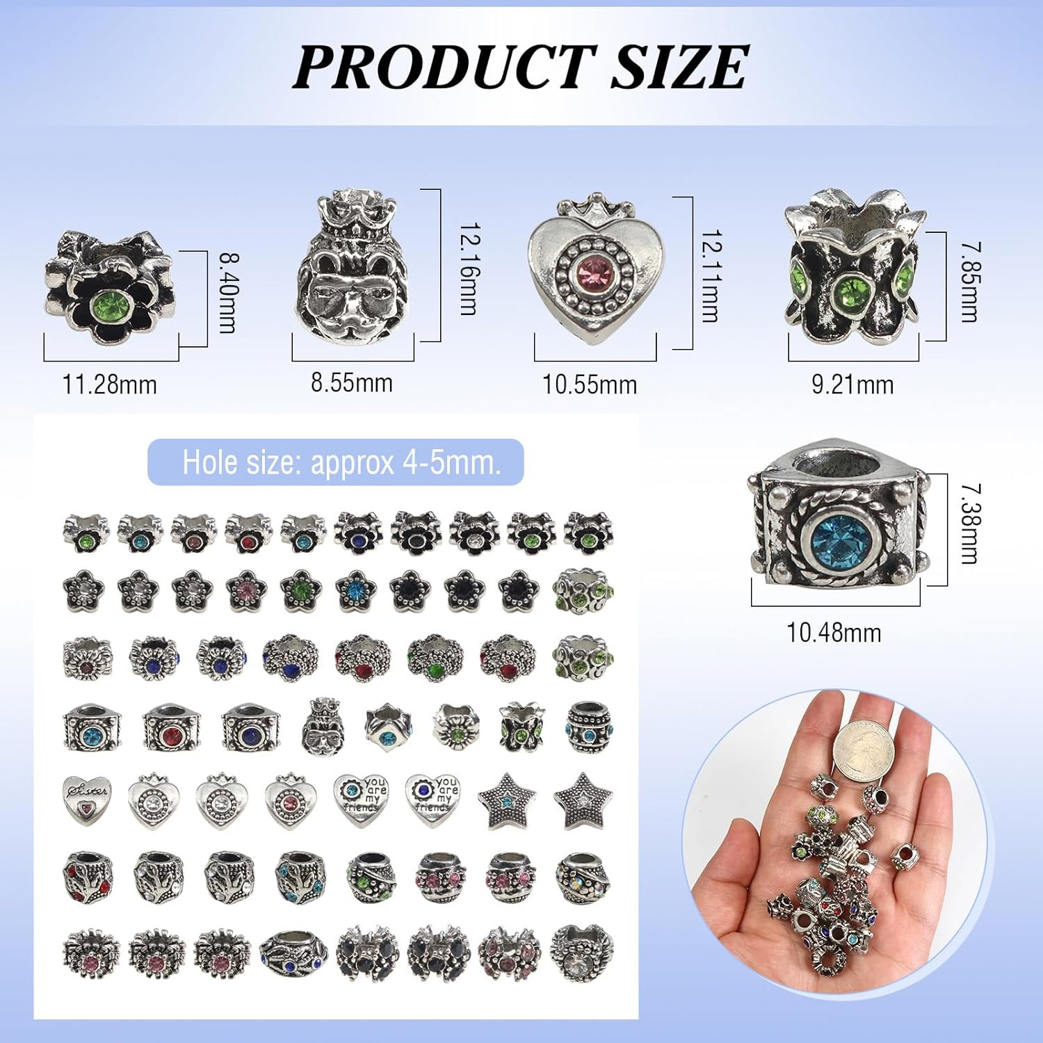 30Pcs Assorted Antique Silver Rhinestone Rhinestone Bead Charm Spacers NEW