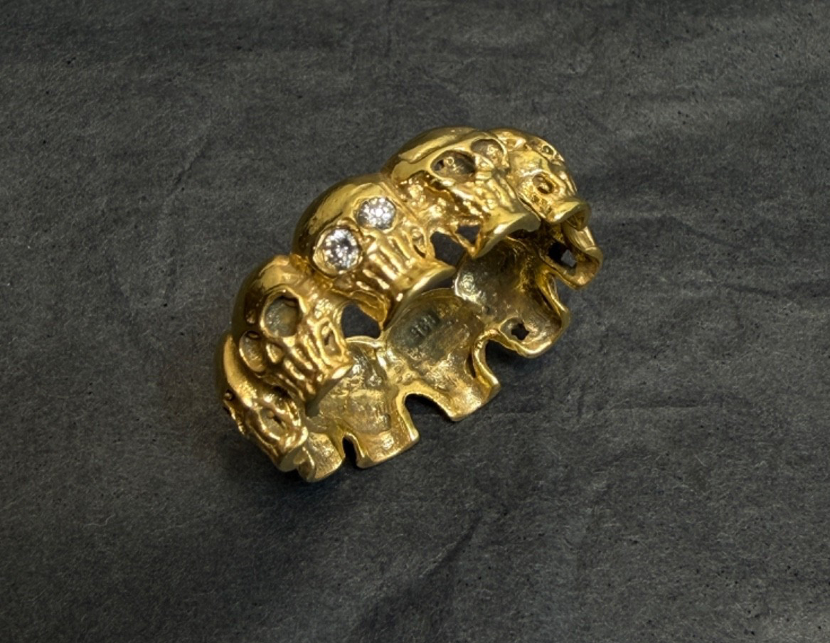 Antique Victorian Memento Mori Skulls Men Gild Silver Eternity Band Ring Diamond