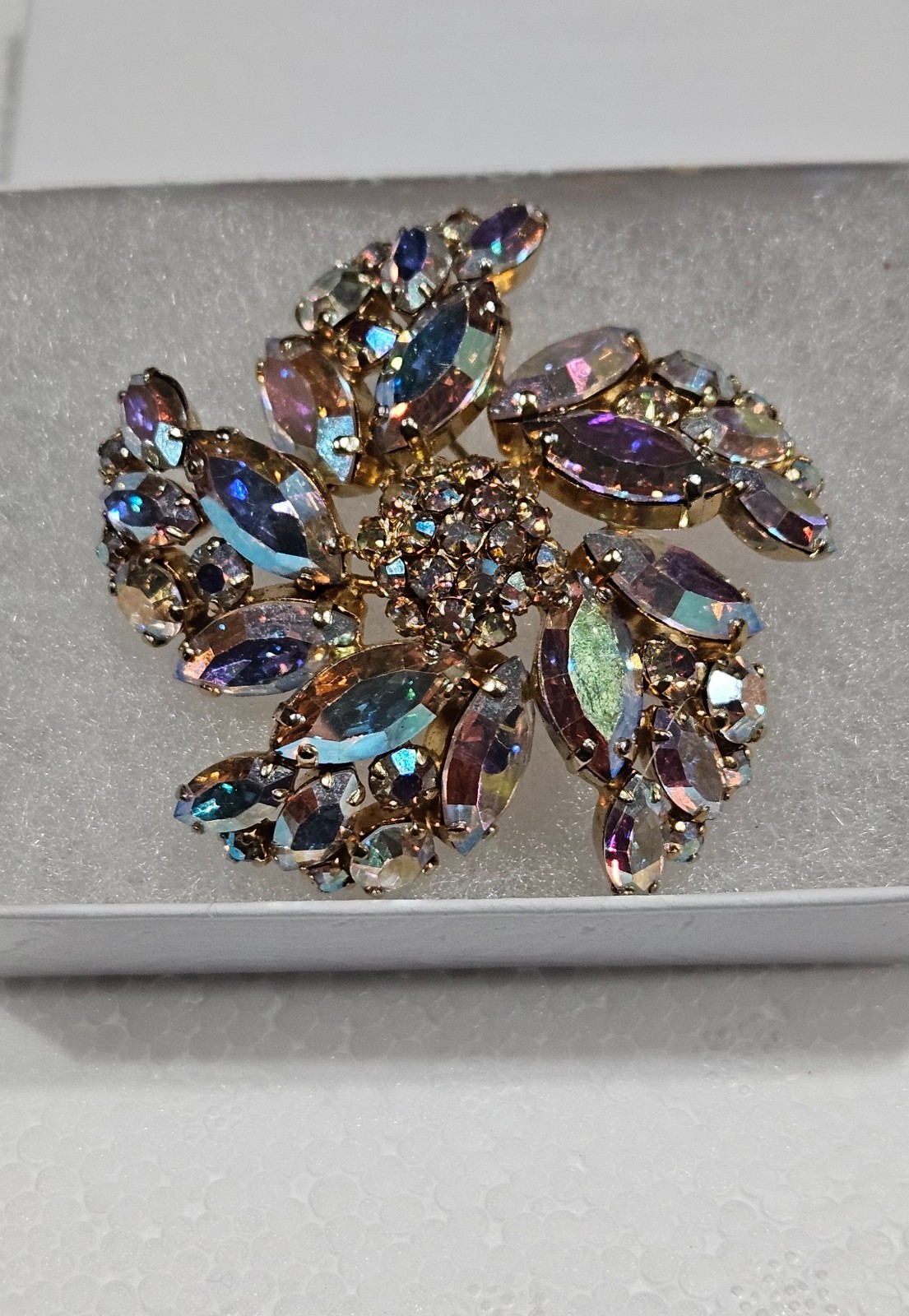 Sherman Aurora Borealis crystal 2″ Brooch signed vintage