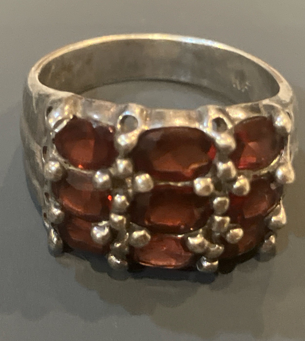 VINTAGE STERLING SILVER HESSONITE GARNET RING SIGNED NF OVAL STONES Size 8.5