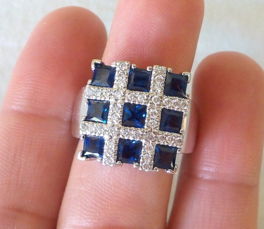 14k White Gold Panel Cluster Sapphire Diamond Ring – 9.50 gms, Sz 6.5, 2.0 ctw