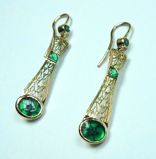 Colombian Trapiche Emerald 2.40 Cts Filigree Earrings 18K Gold Fine Jewelry Muzo