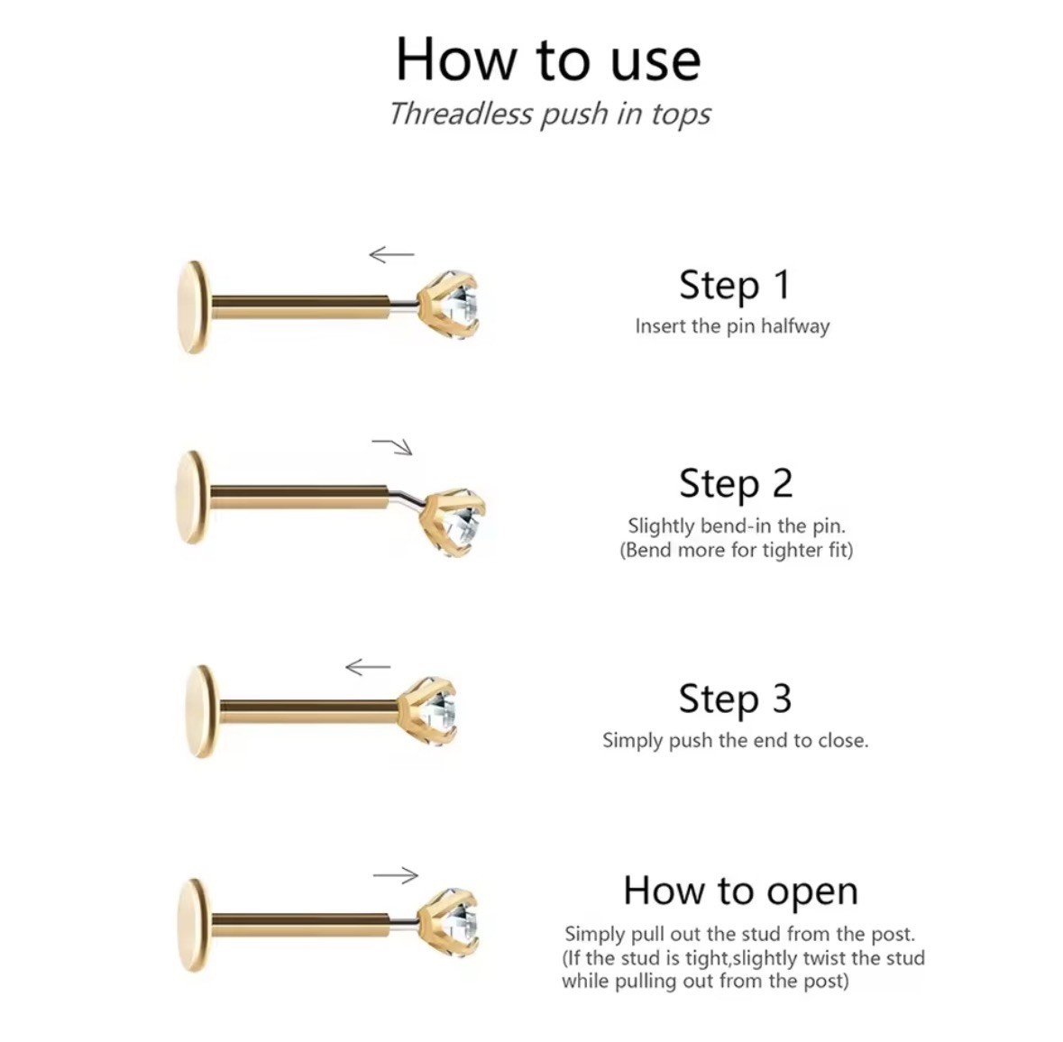 CZ Gem Stud Gold Or Silver – Push Pin – Surgical Steel – Lobe Helix Tragus Conch