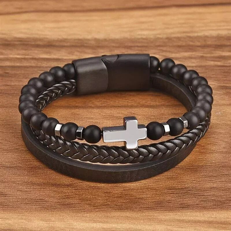 Men’s Cross Leather Braided Bracelet Tiger Eye Obsidian Handmade Reiki Bracelet