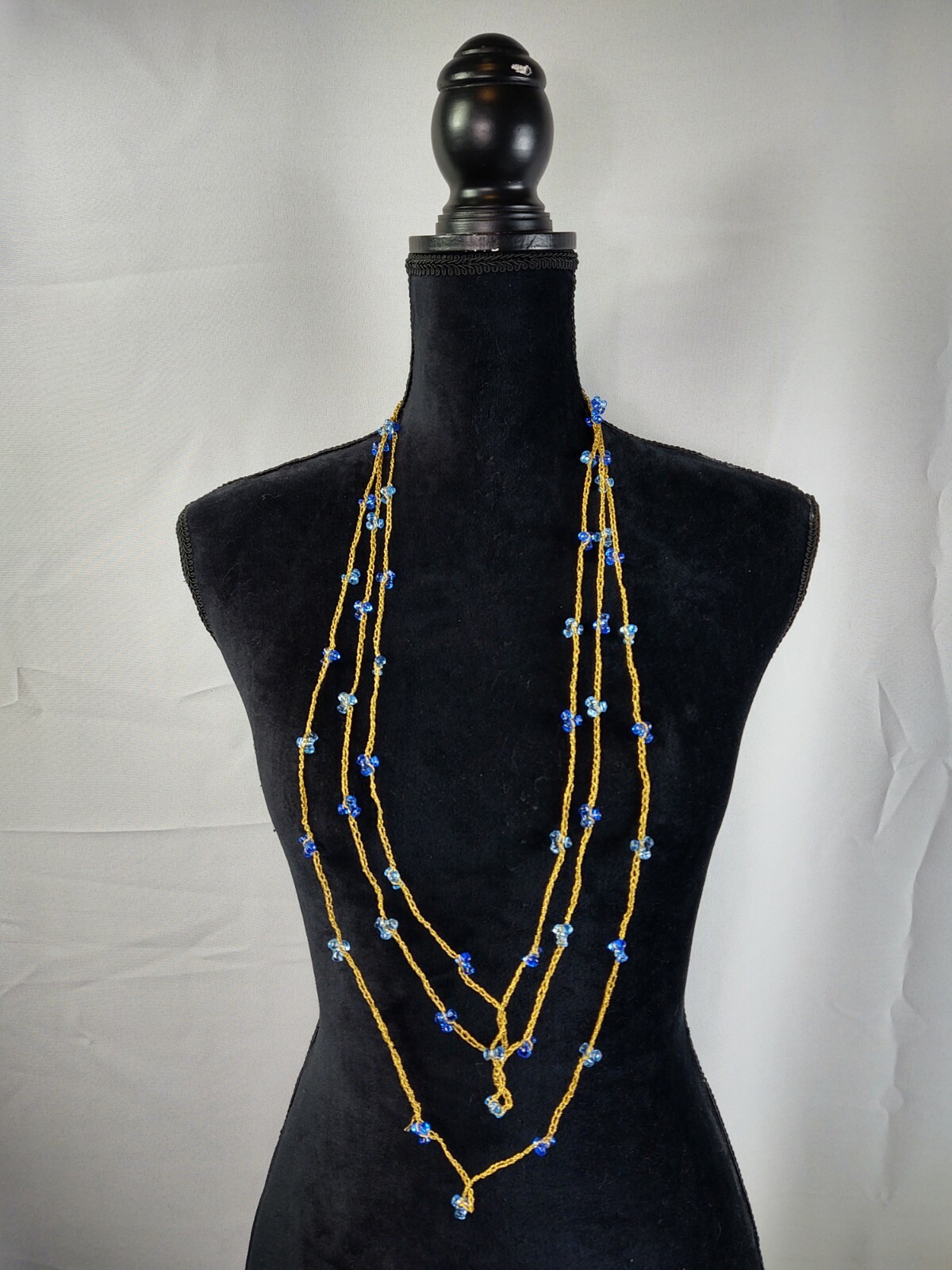Vintage Blue Plastic Beaded Necklace Long Gold Tone Chain Costume Jewelry